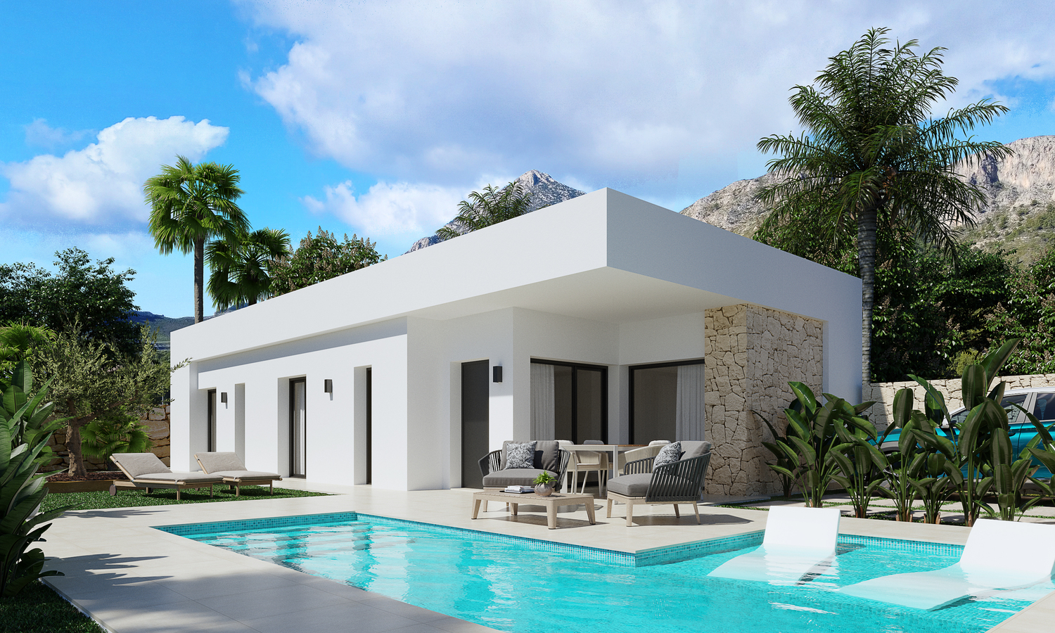 Finestrat: Moderne en gelijkvloerse nieuwbouw villa met open zeezicht